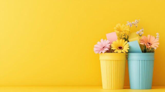 A colorful collection of paper trash sitting in a recycling bin, set against a cheerful yellow background.
