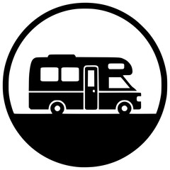 RV Adventure Emblem: A sleek, minimalist icon of a recreational vehicle, encapsulated within a circular border, embodies the spirit of freedom and the open road.