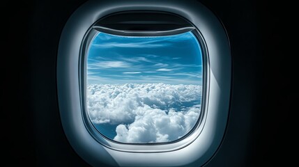 Beautiful blue sky with white clouds view from airplane window 