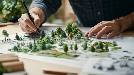 Fototapeta premium Designer sketching intricate garden plan at desk miniature trees arranged creative details artistic and precise. 