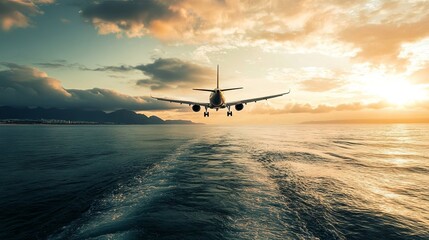 Beautiful plane flying over the ocean