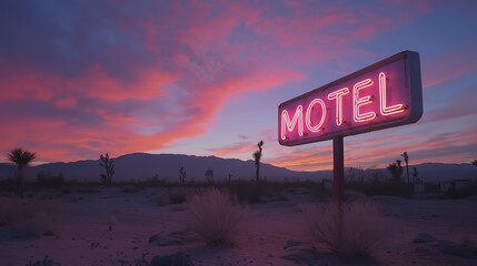 Vintage neon motel sign at sunset in desert landscape