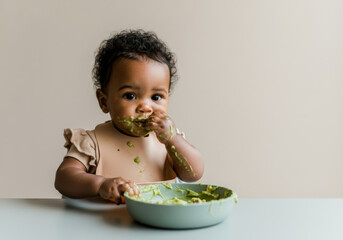 Adorable baby enjoying messy avocado meal in minimalist setting