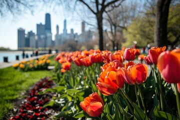 Tulips bloom on parkside path, city skyscrapers in soft spring background, ads