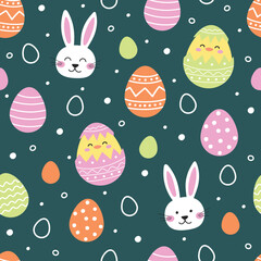 Easter seamless pattern with cute bunny, egg and chick. Collection. Colourful background in cartoon style. Vector illustration