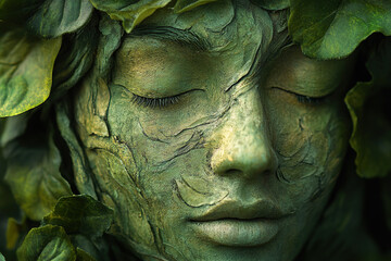 Fototapeta premium Save forest. Ecology problem. Nature conservation. Double exposure profile silhouette of upset depressed girl face with green trees foliage isolated on white empty space.