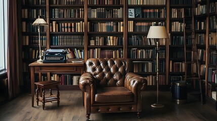 cozy library study room with leather armchair