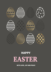 Minimal Easter greeting card with golden eggs. Elegant design. Vector illustration