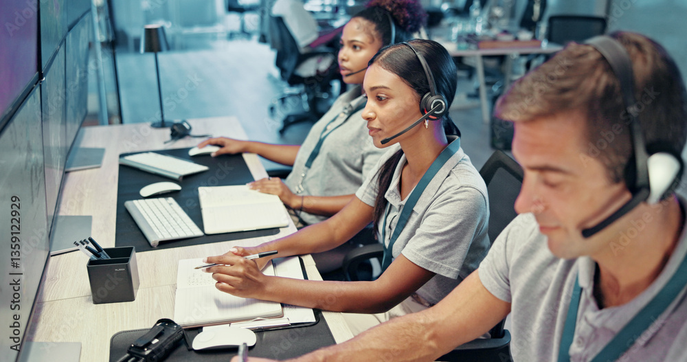 Poster emergency, service and people on computer with headset for security, dispatcher and operator. teleco