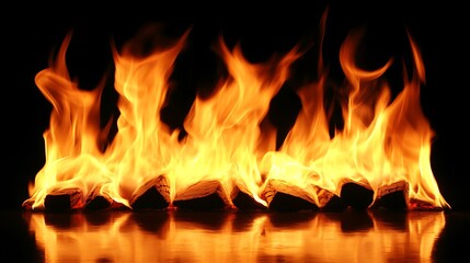 Fiery blaze consuming objects on reflective surface.