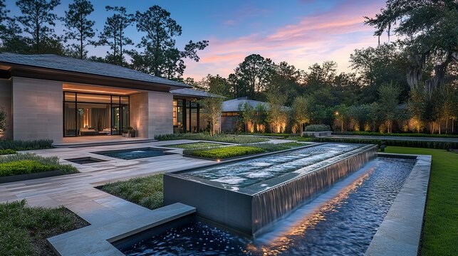 Elegant water feature contemporary fountain connected to a sleek watercourse lush landscaping serene and inviting.  