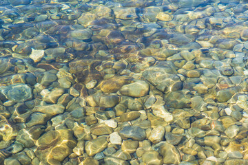 Clear river water with pebbles: natural background, bottom texture, summer mood, top view.