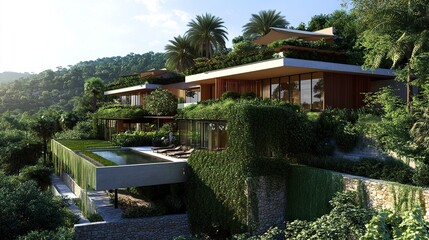 Obraz premium Environmentally friendly property vertical gardens energy-efficient systems and eco-conscious design blending modern and green. 