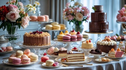 A table full of desserts including cakes, pastries, and macaroons