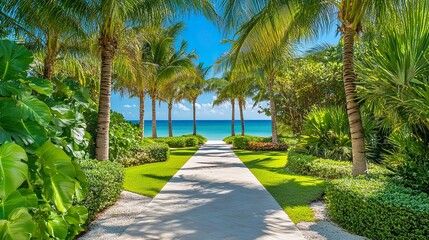 Obraz premium Expansive beachfront property lush tropical greenery turquoise sea sparkling under bright sunlight tranquil luxury. 