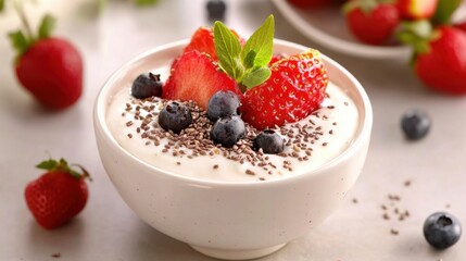 A healthy bowl of overnight oats topped with fresh fruit, styled on a table for a wholesome and energizing breakfast.