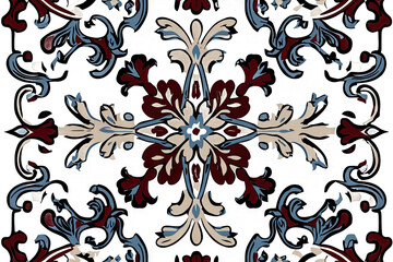 Ornate Floral Damask Pattern in Burgundy, Beige, and Teal