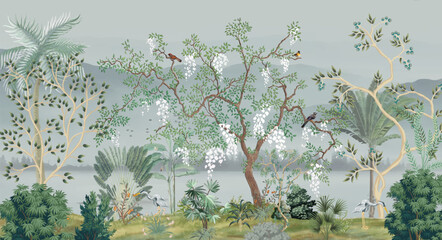 Soft Wallpaper,Chinese Style Wall Art,Chinese Wall Decor, Tropical plant,Birds and Watercolor Background.