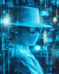 Faceless Cybersecurity Monitoring Figure with Holographic Cybersecurity Monitoring Interface for Cybersecurity Monitoring Threats