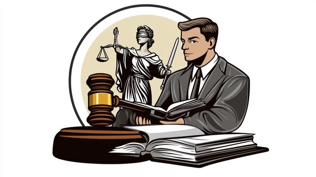Judge reviewing legal documents, justice scale in background; legal concept illustration