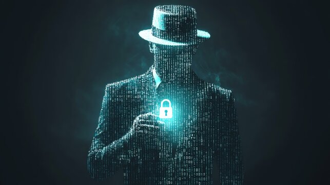 Digital Security Silhouette with White Hat and Glowing Digital Security Padlock for Digital Security Ethical Hacking