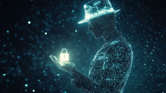 Digital Security Silhouette with White Hat and Glowing Digital Security Padlock for Digital Security Ethical Hacking