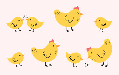 Cute cartoon chicks and chickens. Easter chicks. Set. Vector illustration