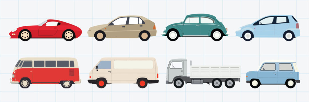 Colorful vintage car isolated illustration, vector set