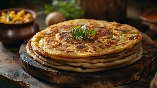 Layered flatbread made from maida or whole wheat flour served with a rich and spicy Asian curry sauce featuring beef, chicken, and egg. A classic dish from Indian cuisine
