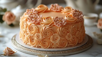 Elegant Peach-Colored Cake Decorated with Floral Designs