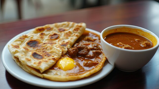 Layered flatbread made from maida or whole wheat flour served with a rich and spicy Asian curry sauce featuring beef, chicken, and egg. A classic dish from Indian cuisine