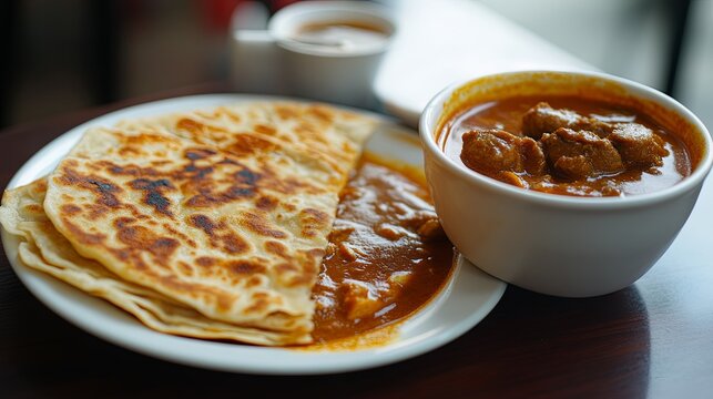 Layered flatbread made from maida or whole wheat flour served with a rich and spicy Asian curry sauce featuring beef, chicken, and egg. A classic dish from Indian cuisine