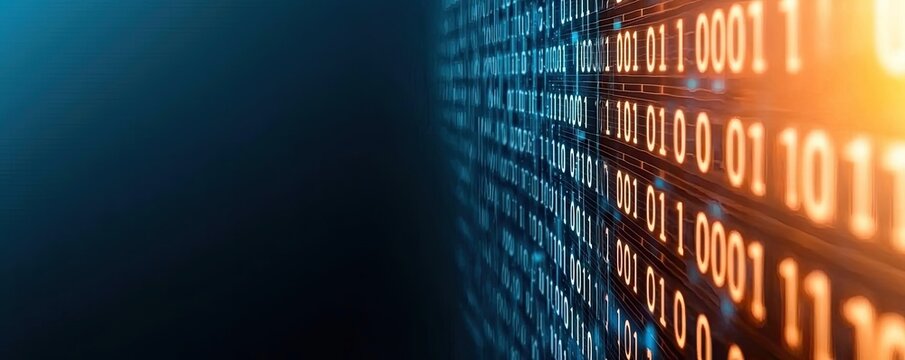 Binary code background in digital matrix with scientific database concept. Abstract digital data representation with binary code patterns.