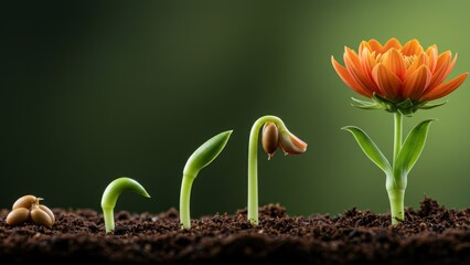 Flower growing from soil with visible sprouts in multiple stages Represents growth, sustainability, and nature