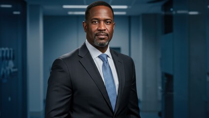 Fototapeta premium African American man in business suit stands in corporate office conveying professionalism and leadership
