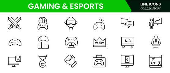 Gaming and esports line icons related to video games, gaming, technology, gadgets, and sports. Vector illustration.