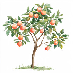 hand-drawn peach tree illustration with ripe fruit and green leaves, botanical style fruit tree on white background for agriculture, garden, or organic food design themes