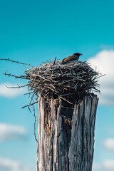 Bird's nest lies on a tree against a blue sky