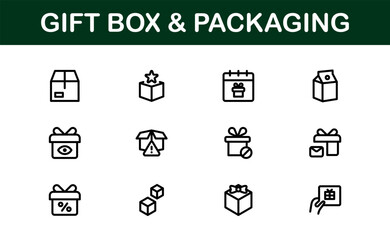 Professional Gift Box and Packaging Icon Set Vector Illustration. Most Useful Icons for Gift Wrapping, Boxes, and Packaging