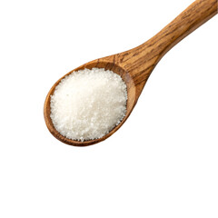 A wooden spoon filled with white sugar