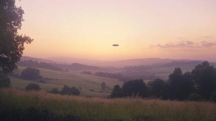 Obraz premium Mysterious UFO hovers over quiet rural landscape at twilight in serene countryside