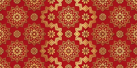 A Repeating Pattern of Intricate Golden Floral Motifs on a Red Background