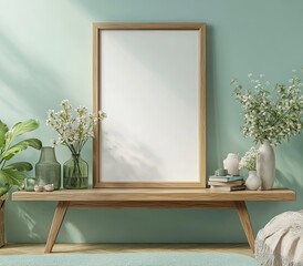Empty frame on wooden bench in a teal room