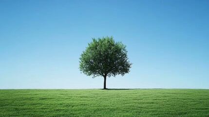 Obraz premium Lonely tree in an expansive green field under a clear, bright blue sky during a sunny day