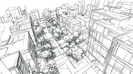 Hand sketch of urban layout prioritizing sustainability with tree-lined paths, solar-powered buildings, and eco-friendly zones. 