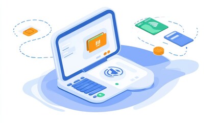 Modern Laptop Illustration with Payment Cards and Digital Assets