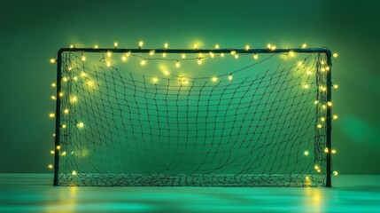 Realistic image of a goal net on a green field with illuminated background elements