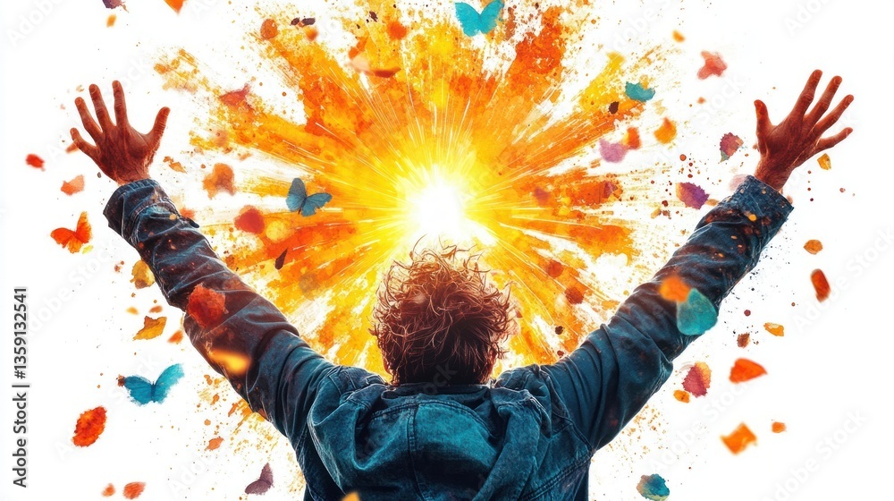 Poster man with arms outstretched enjoying vibrant explosion of color and butterflies a feeling of freedom 