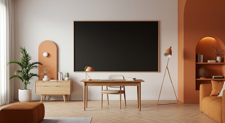 Modern Minimalist Home Office with Orange and Beige Accents