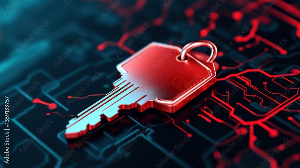 Poster Metallic Key on Abstract Circuit Background with Red and Black Digital Patterns